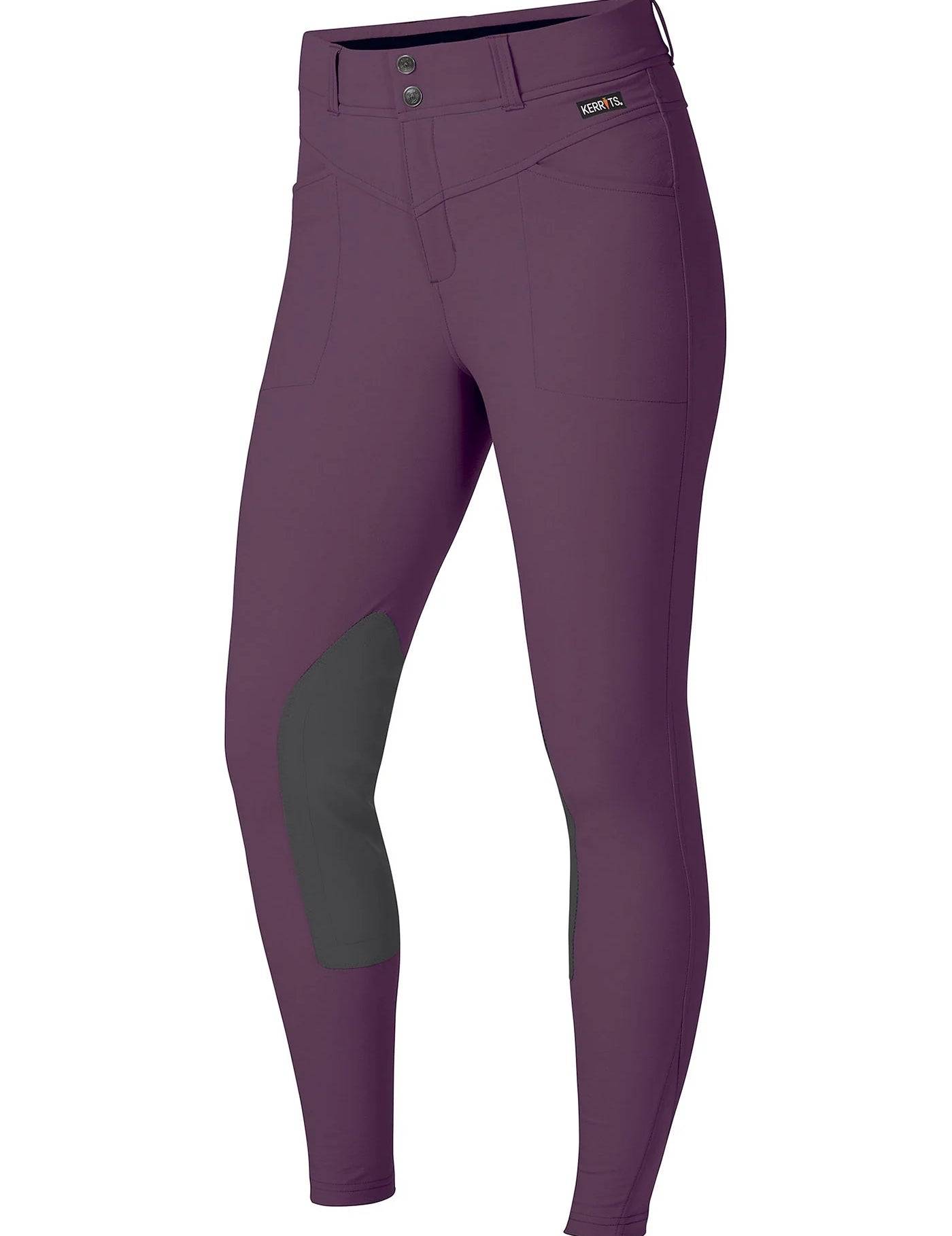 Angled front view of the purple Kerrits Crossover II Knee Patch Riding Breech on a white background
