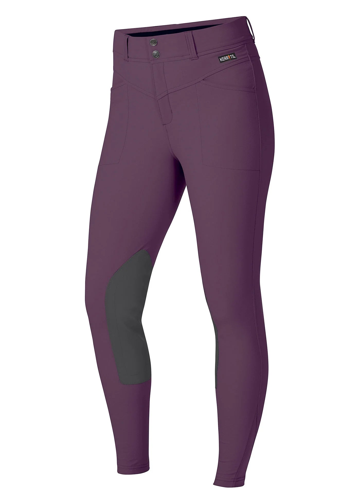Angled front view of the purple Kerrits Crossover II Knee Patch Riding Breech on a white background
