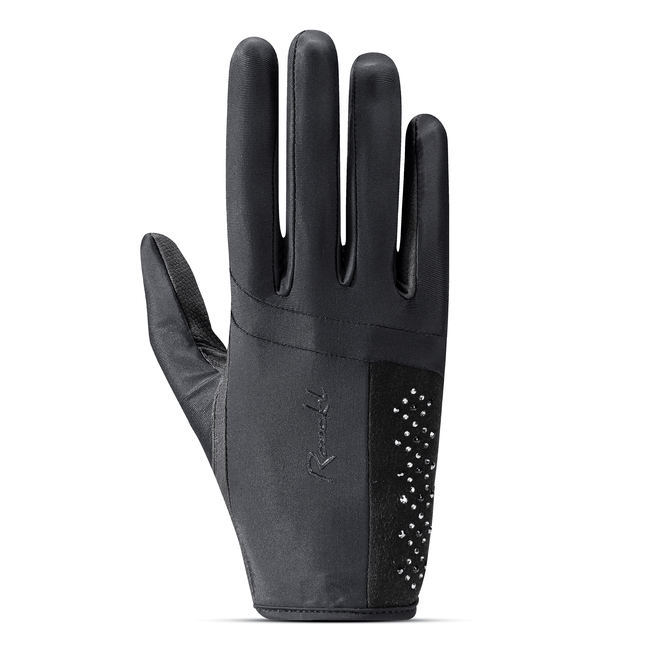 Backhand view of the black Roeckl Lillinoe Riding Gloves on a white background