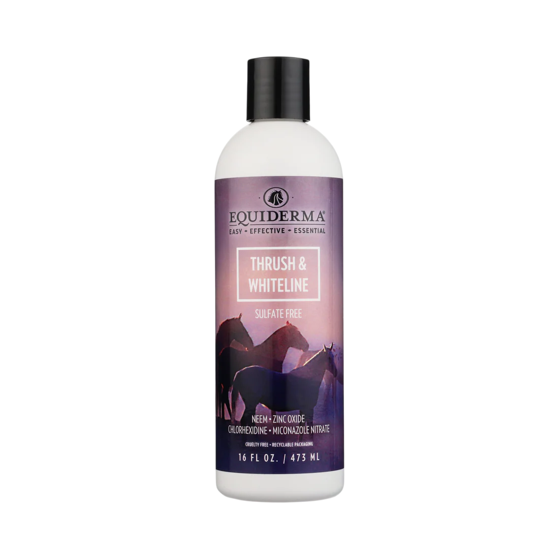 Front view of a 16 oz bottle of Equiderma Thush & Whiteline on a white background