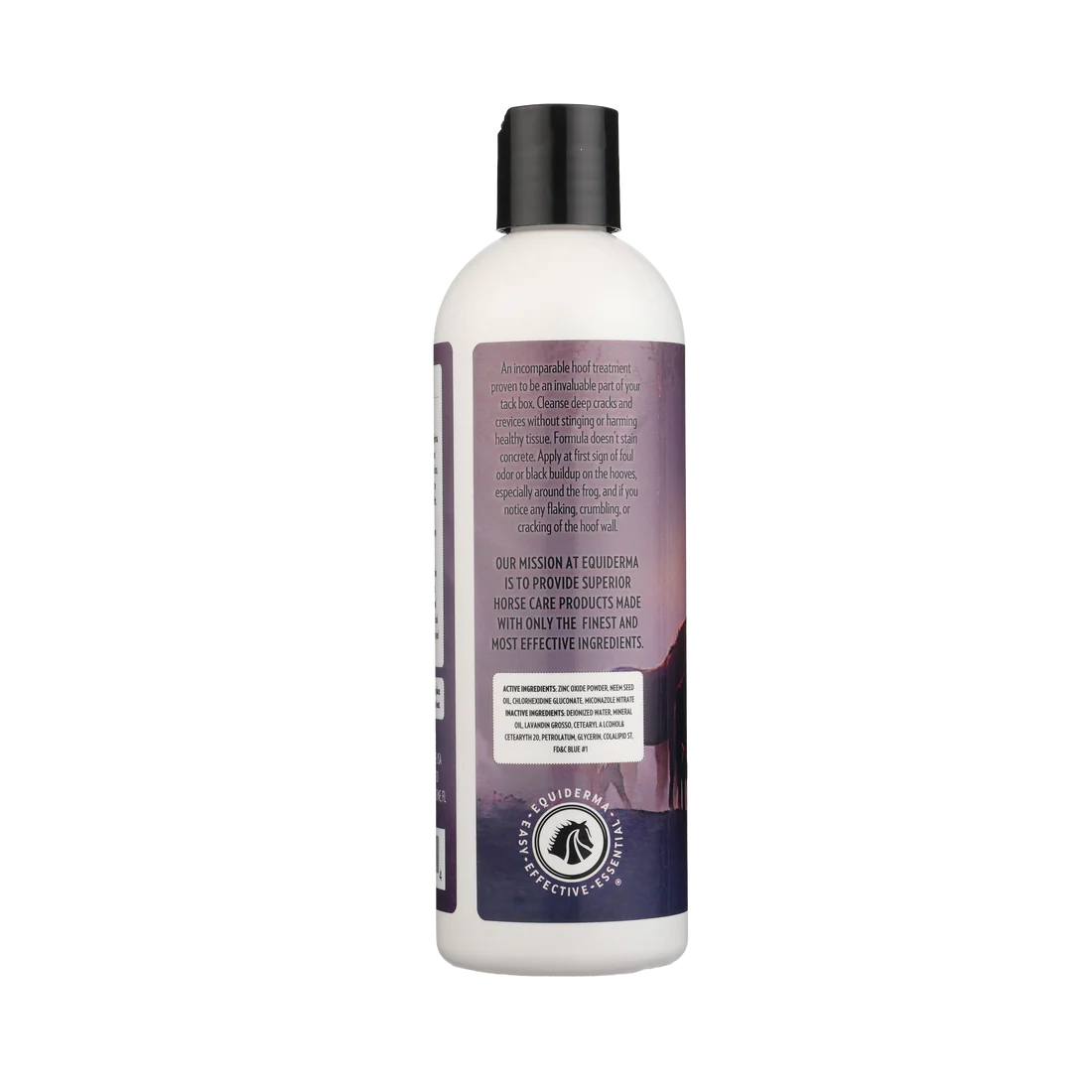 Back view of a 16 oz bottle of Equiderma Thush & Whiteline on a white background