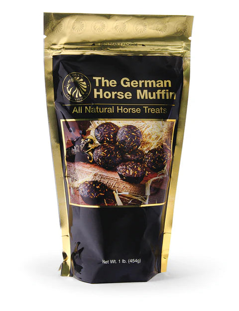 Front view of a 1 lb bag of Equus Magnificus The German Horse Muffin on a white background