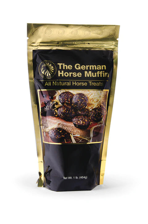 Front view of a 1 lb bag of Equus Magnificus The German Horse Muffin on a white background