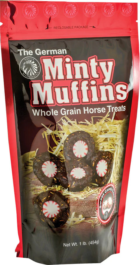 Front view of the 1 lb bag of Equus Magnificus The German Minty Muffins on a white background