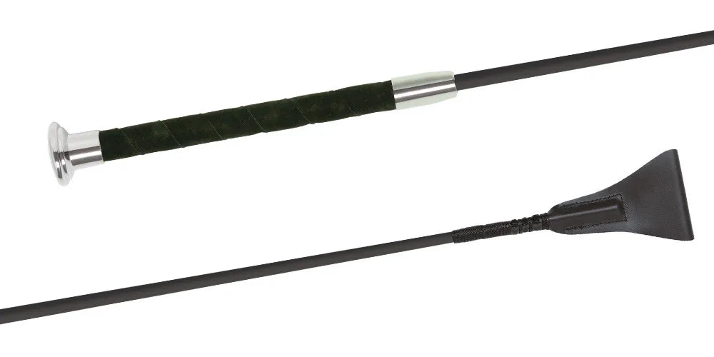 View of both the handle and popper for the Fleck Silk Touch Premium Jumping Bat in black with chrome details