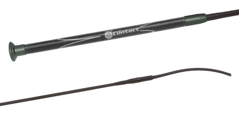 View of both the handle and lash of the Fleck Contact Dressage Whip in black with graphite accents