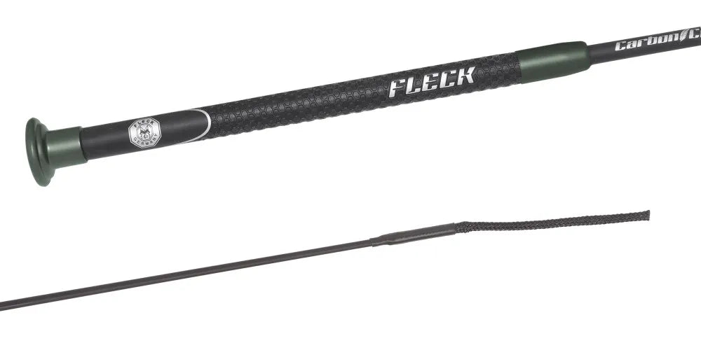 Side by side handle and tail views of the graphite Fleck Carbon Ultralight Whip on a white background
