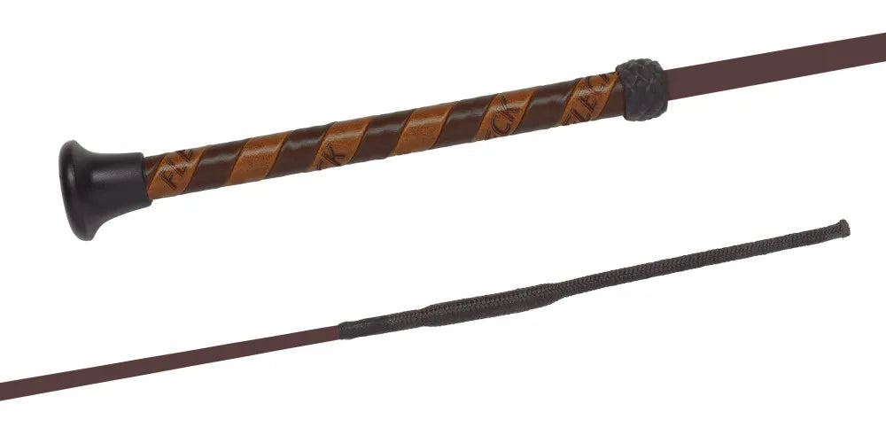 Handle and tail views of the brown Fleck Silk Touch Fibreglass Shaft Synthetic Leather Handle Whip on a white background