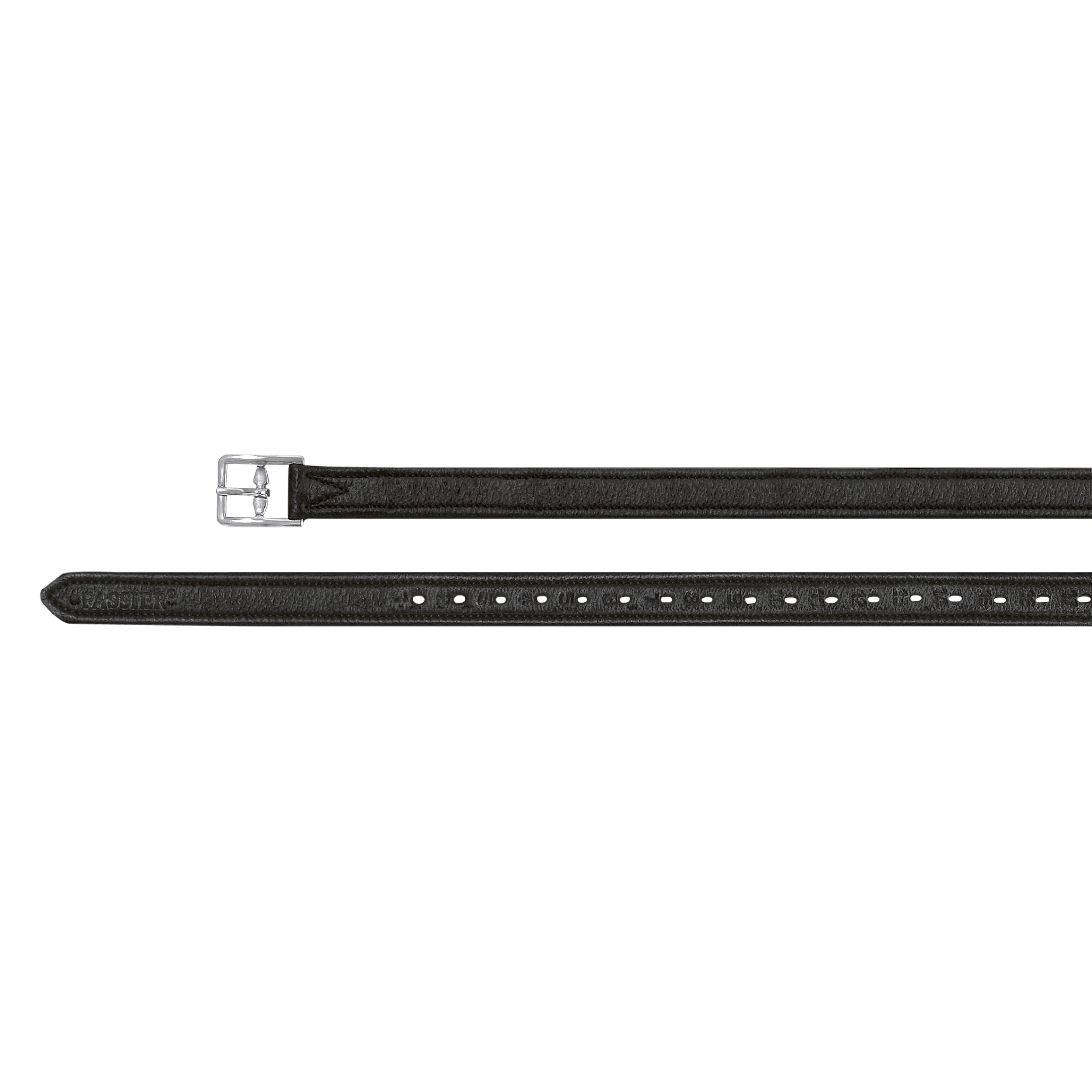 Side-by-side buckle and tail end views of the black Passier Velvet Touch Stirrup Leathers on a plain background