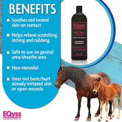 Bottle of equine shampoo displayed next to a mare and foal on a light background