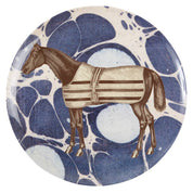 View of the blue ThomasPaul Equestrian Melamine Dinner Plate on a white background