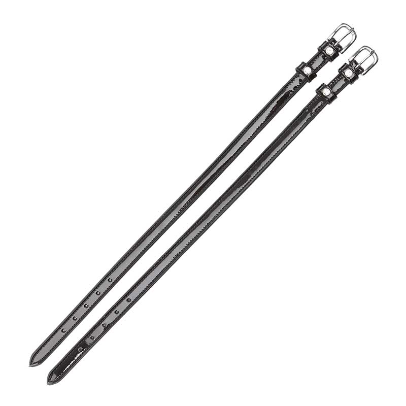 Full view of a set of black Kavalkade Crystal Patent Spur Straps on a white background