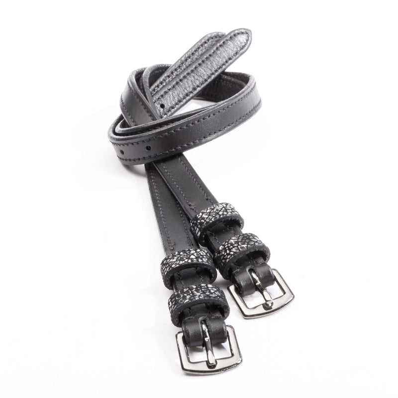 Full view of the black Kavalkade Victoria Spur Straps on a white background