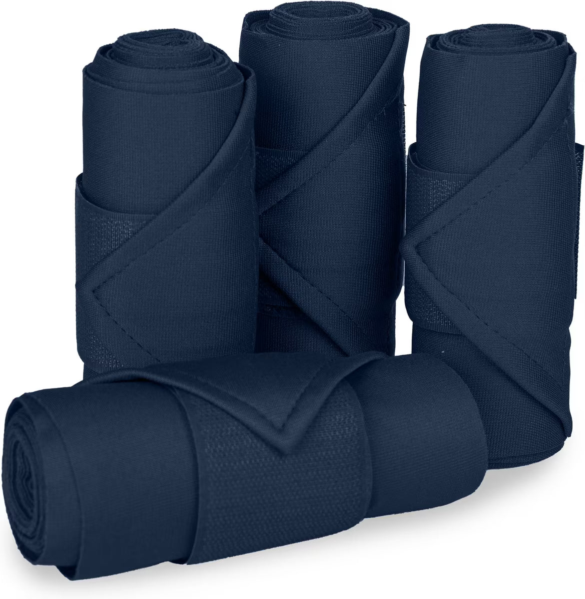 Front view of 4 navy Equi-Essentials Poly Standing Wraps on a white background