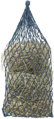 Full view of a navy and baby blue Equi-Essentials Niblet Slow Feed Hay Net filled with hay on a white background