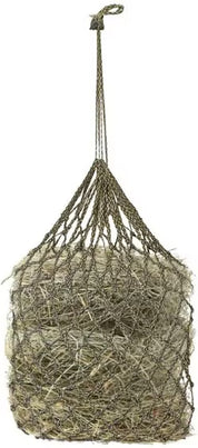 Full view of a navy and yellow Equi-Essentials Niblet Slow Feed Hay Net filled with hay on a white background