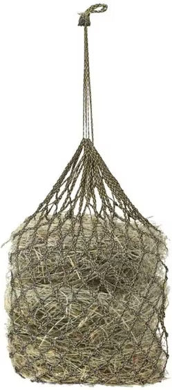 Full view of a navy and yellow Equi-Essentials Niblet Slow Feed Hay Net filled with hay on a white background