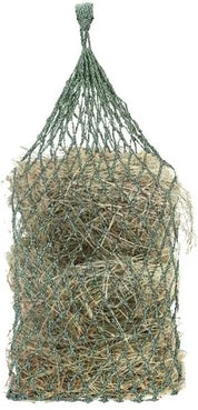 Full view of a green and mint Equi-Essentials Niblet Slow Feed Hay Net filled with hay on a white background
