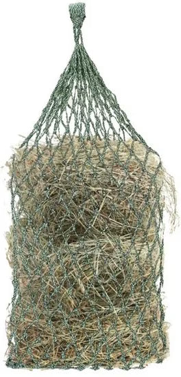 Full view of a green and mint Equi-Essentials Niblet Slow Feed Hay Net filled with hay on a white background