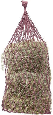 Full view of a maroon and pink Equi-Essentials Niblet Slow Feed Hay Net filled with hay on a white background