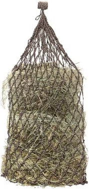 Full view of a brown and beige Equi-Essentials Niblet Slow Feed Hay Net filled with hay on a white background