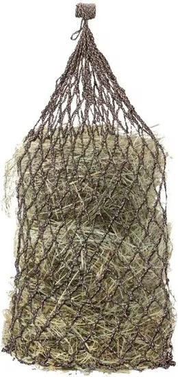 Full view of a brown and beige Equi-Essentials Niblet Slow Feed Hay Net filled with hay on a white background