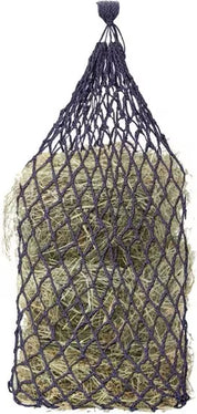 Full view of a black and purple Equi-Essentials Niblet Slow Feed Hay Net filled with hay on a white background