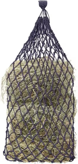 Full view of a black and purple Equi-Essentials Niblet Slow Feed Hay Net filled with hay on a white background