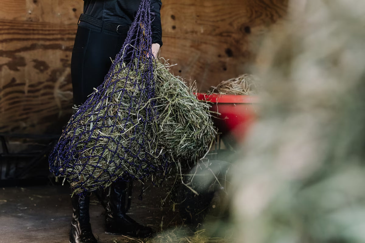 View of someone filling the black and purple Equi-Essentials Niblet Slow Feed Hay Net with hay while standing in a barn