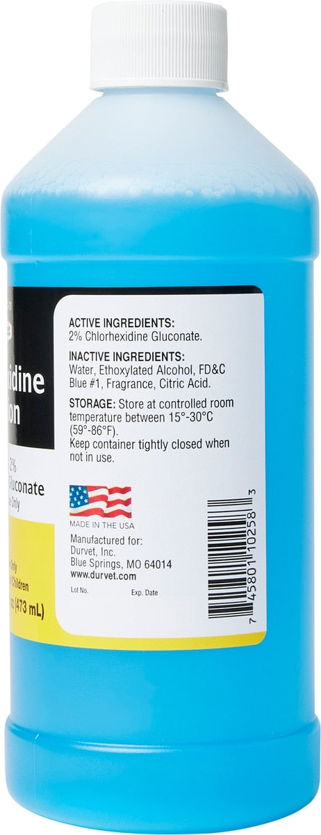 Back view of a 16 oz bottle of Durvet Chlorhexidine Solution 2% on a white background