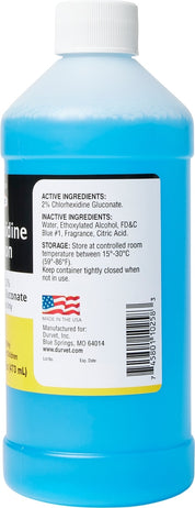 Back view of a 16 oz bottle of Durvet Chlorhexidine Solution 2% on a white background