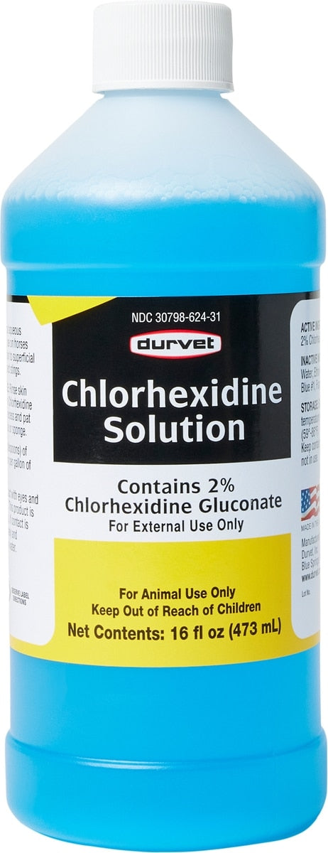 Front view of a 16 oz bottle of Durvet Chlorhexidine Solution 2% on a white background