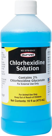 Front view of a 16 oz bottle of Durvet Chlorhexidine Solution 2% on a white background