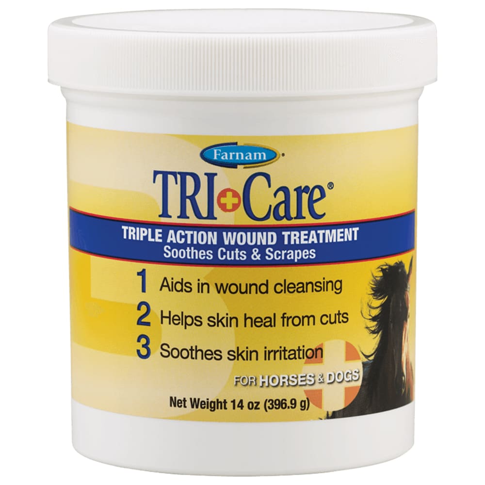 Front view of a 14 oz jar of Farnam Tri-Care Triple Action Wound Treatment on a white background