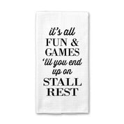 Front view of a folded Stall Rest Canary Road Kitchen Towel on a white background