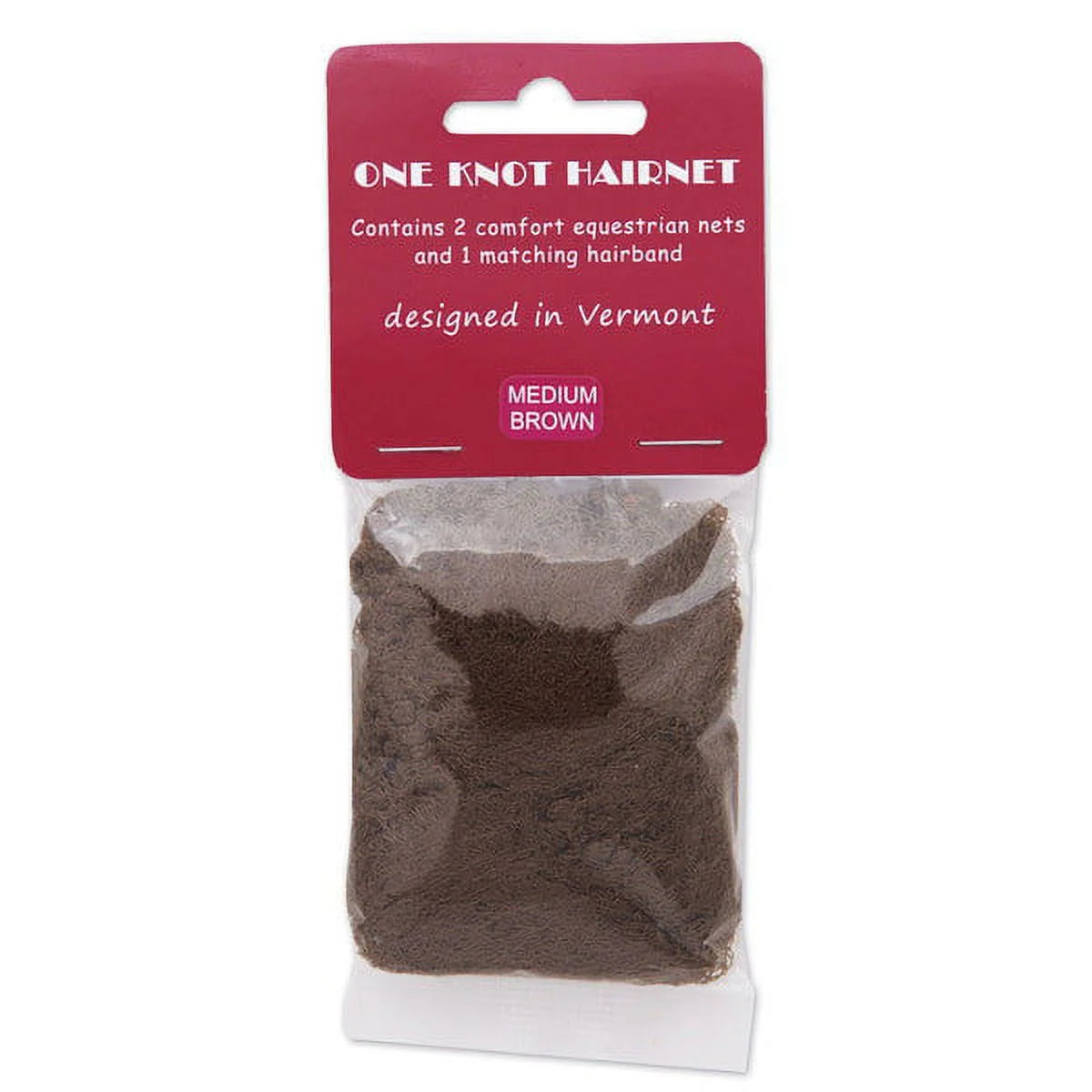 Front view of a package of 2 medium brown One Knot Hair Nets on a white background