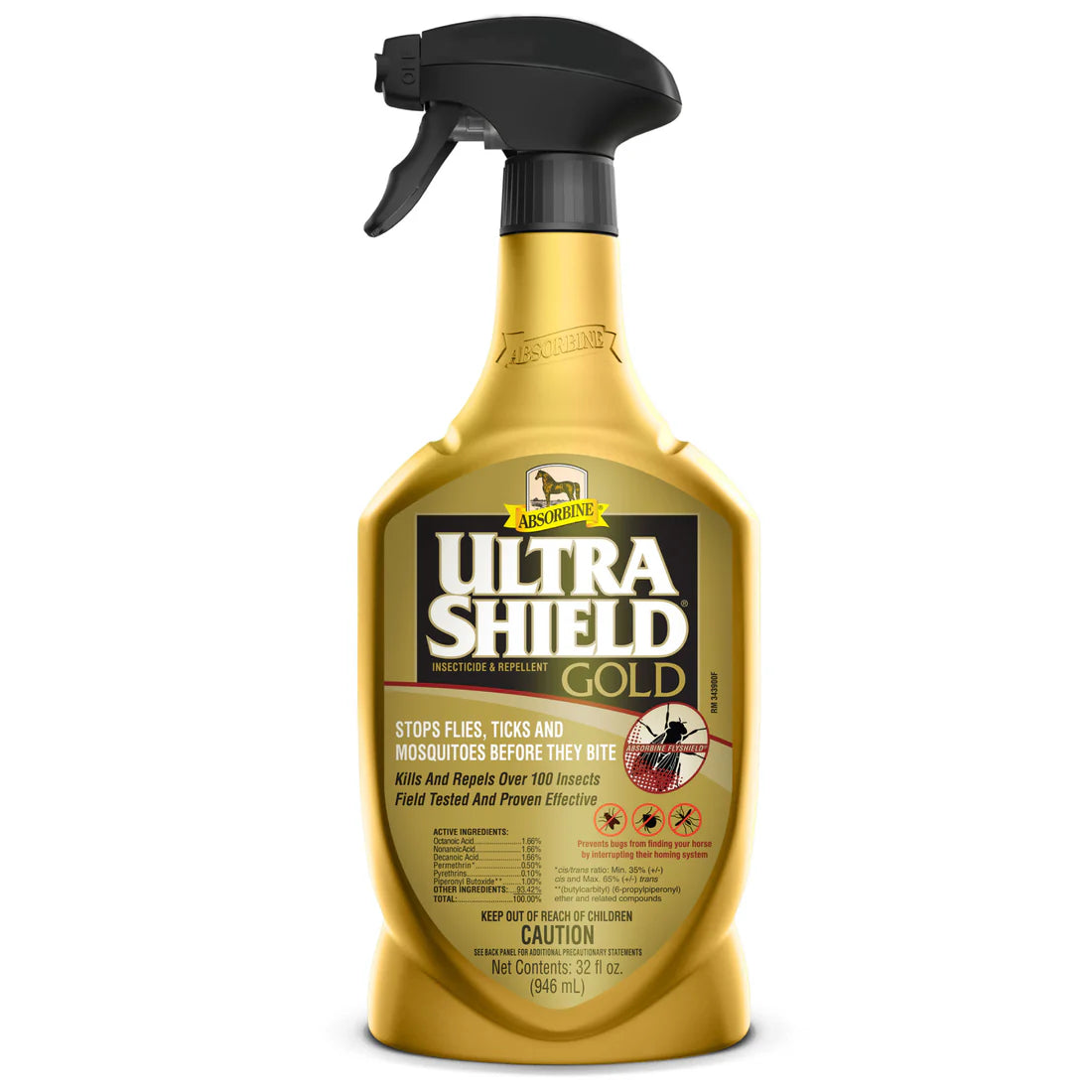 Front view of a 32 oz spray bottle of Absorbine Ultrashield Gold Insecticide & Repellent on a white background