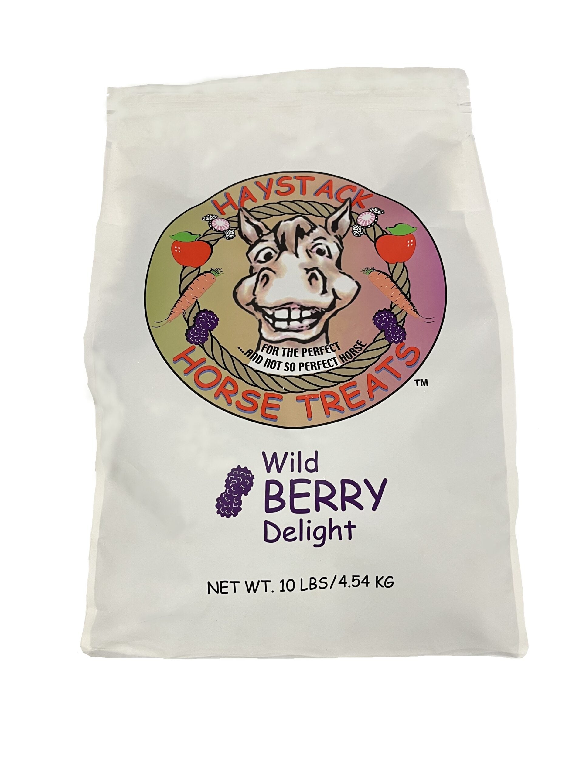 Front view of a 10 lb bag of Haystack Wildberry Horse Treats on a white background