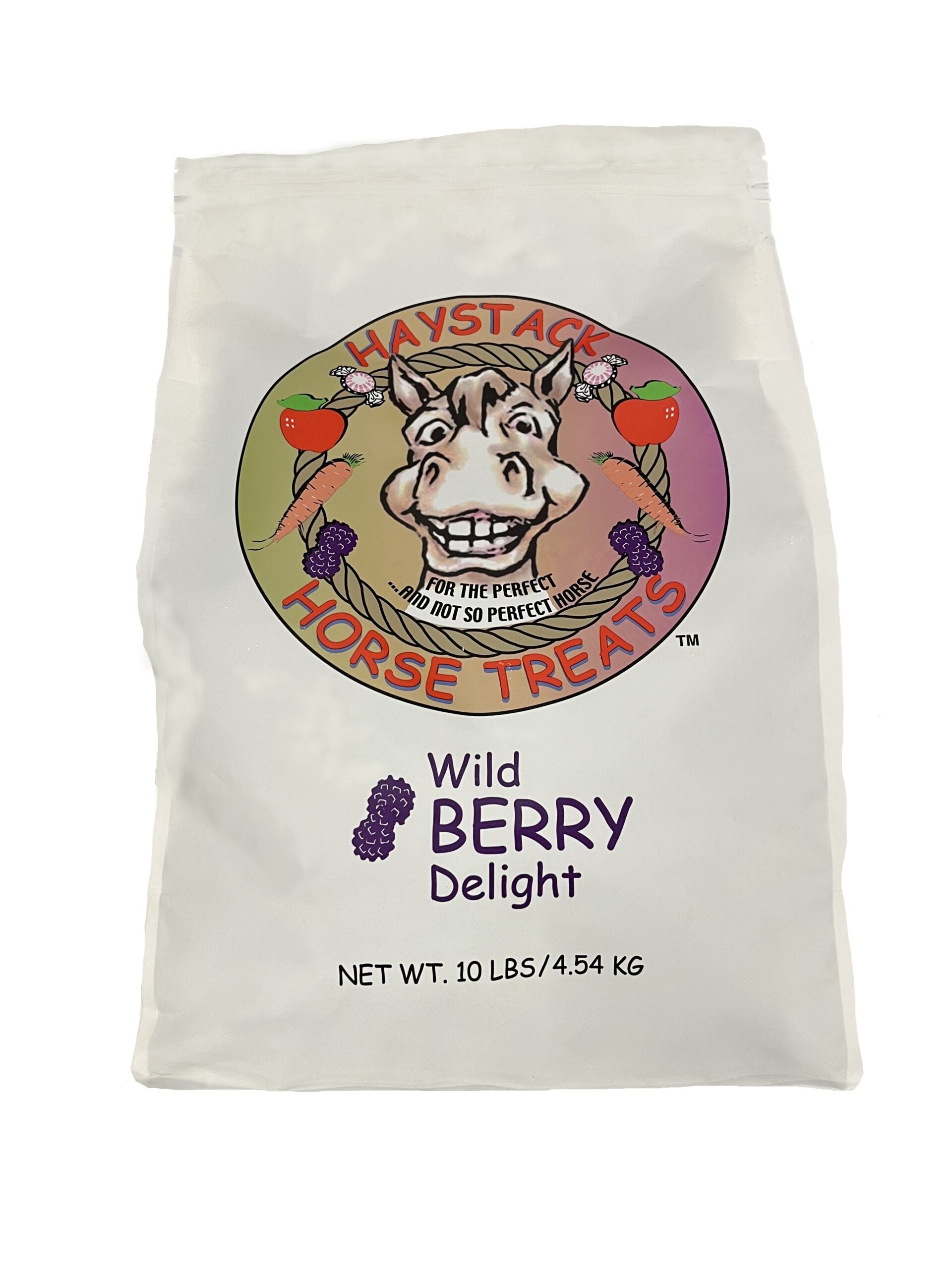 Front view of a 10 lb bag of Haystack Wildberry Horse Treats on a white background