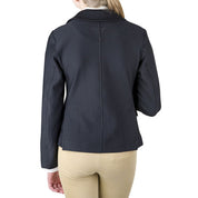 Back view of child model wearing TuffRider Children’s EquiVent Show Coat in black and tan breeches