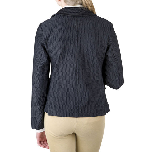 Back view of child model wearing TuffRider Children’s EquiVent Show Coat in black and tan breeches