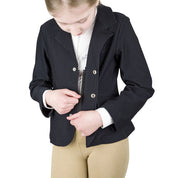 Front view of child model zippng up her TuffRider Children’s EquiVent Show Coat in black