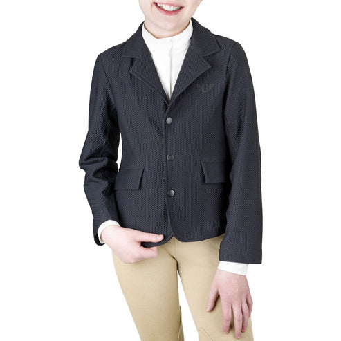 Front view of child model wearing TuffRider Children’s EquiVent Show Coat in black and tan breeches