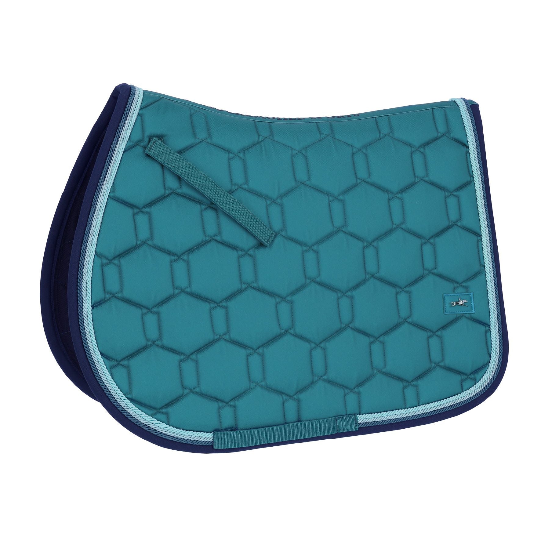 Side view of the Schockemohle Eco Comfort Jump Saddle Pad in teal on a white background