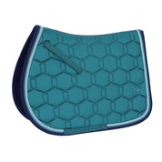 Side view of the Schockemohle Eco Comfort Jump Saddle Pad in teal on a white background