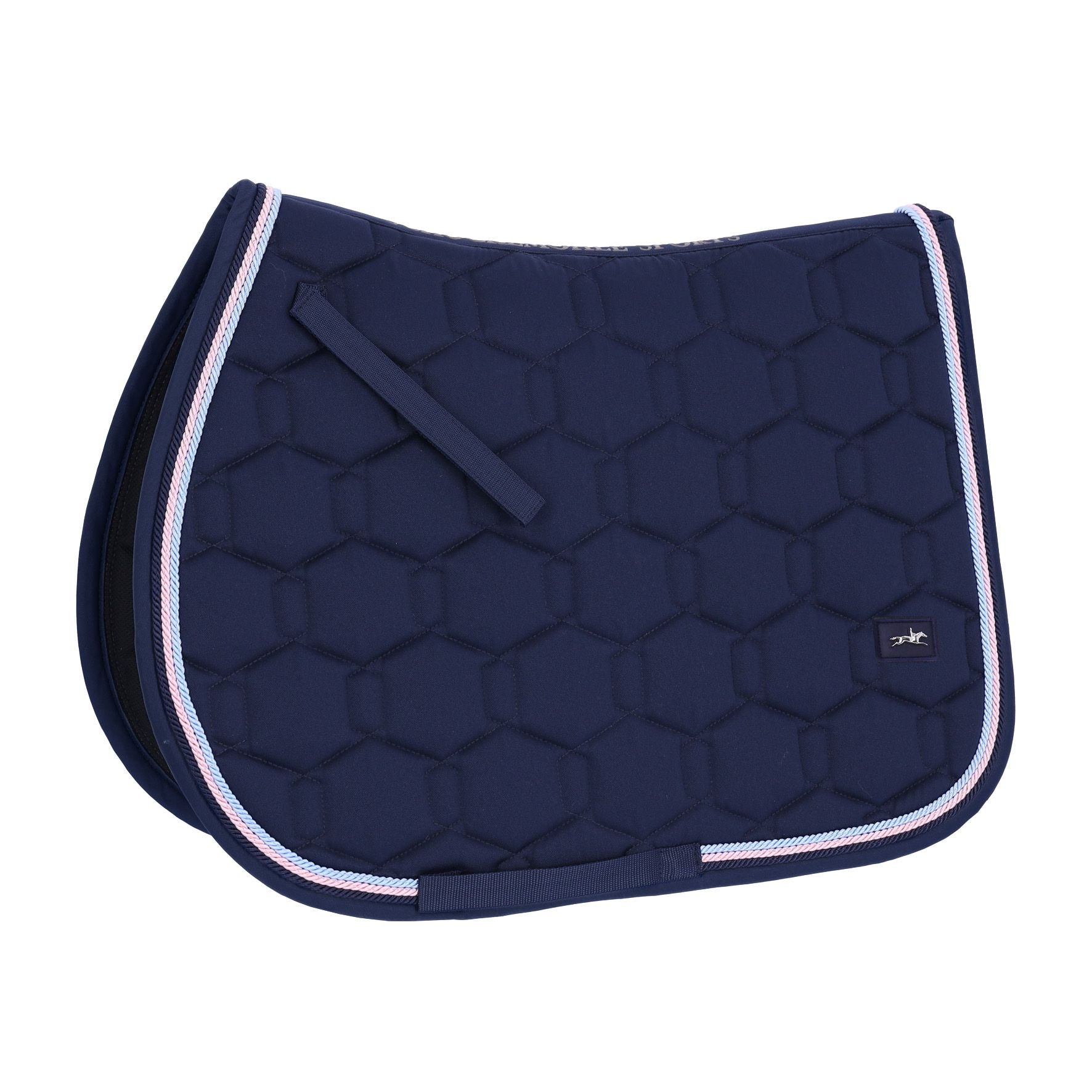 Side view of the True Navy Schockemohle Eco Comfort Jump Saddle Pad on a white background