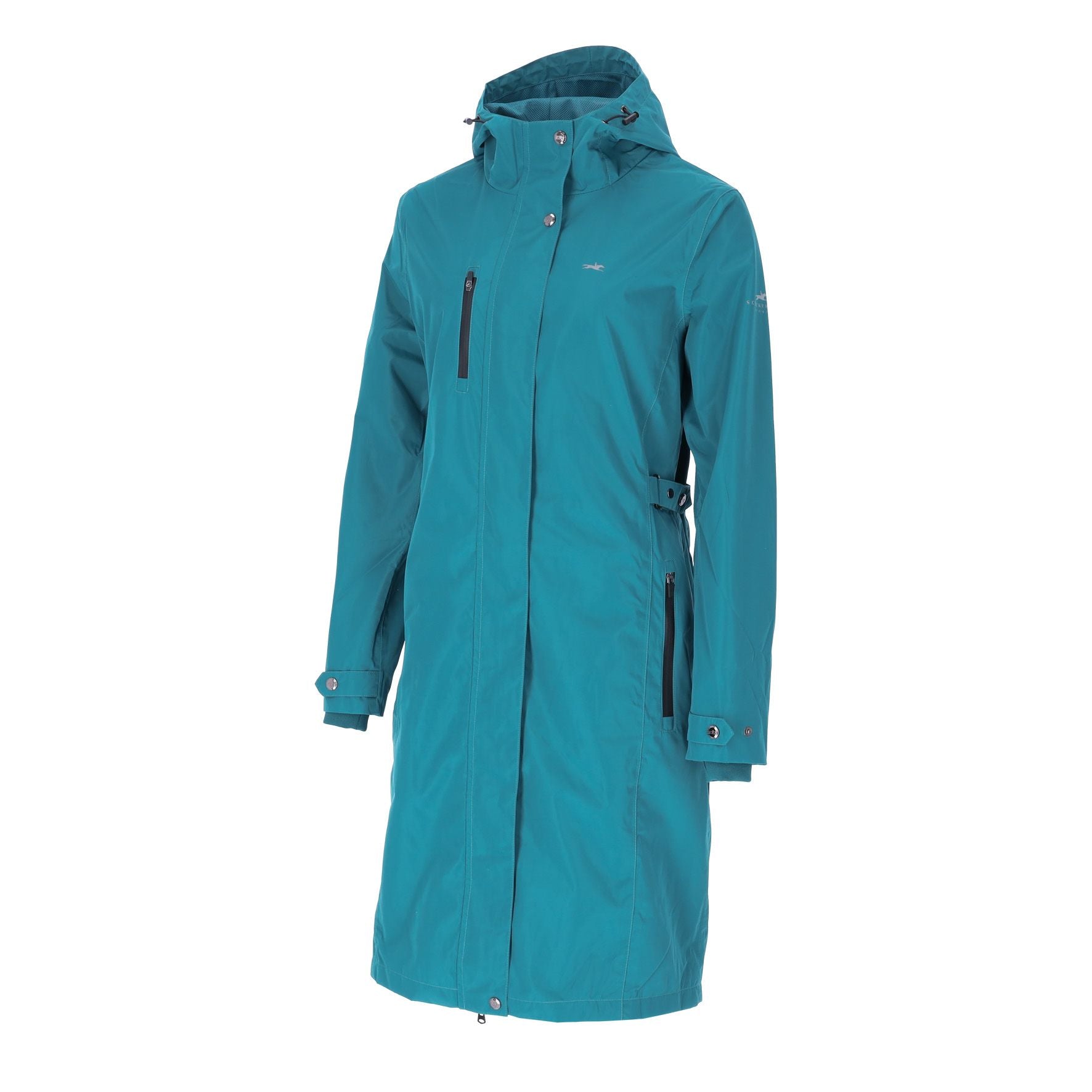 Front view of the Colonial Blue Schockemohle Kaija Raincoat on a white background