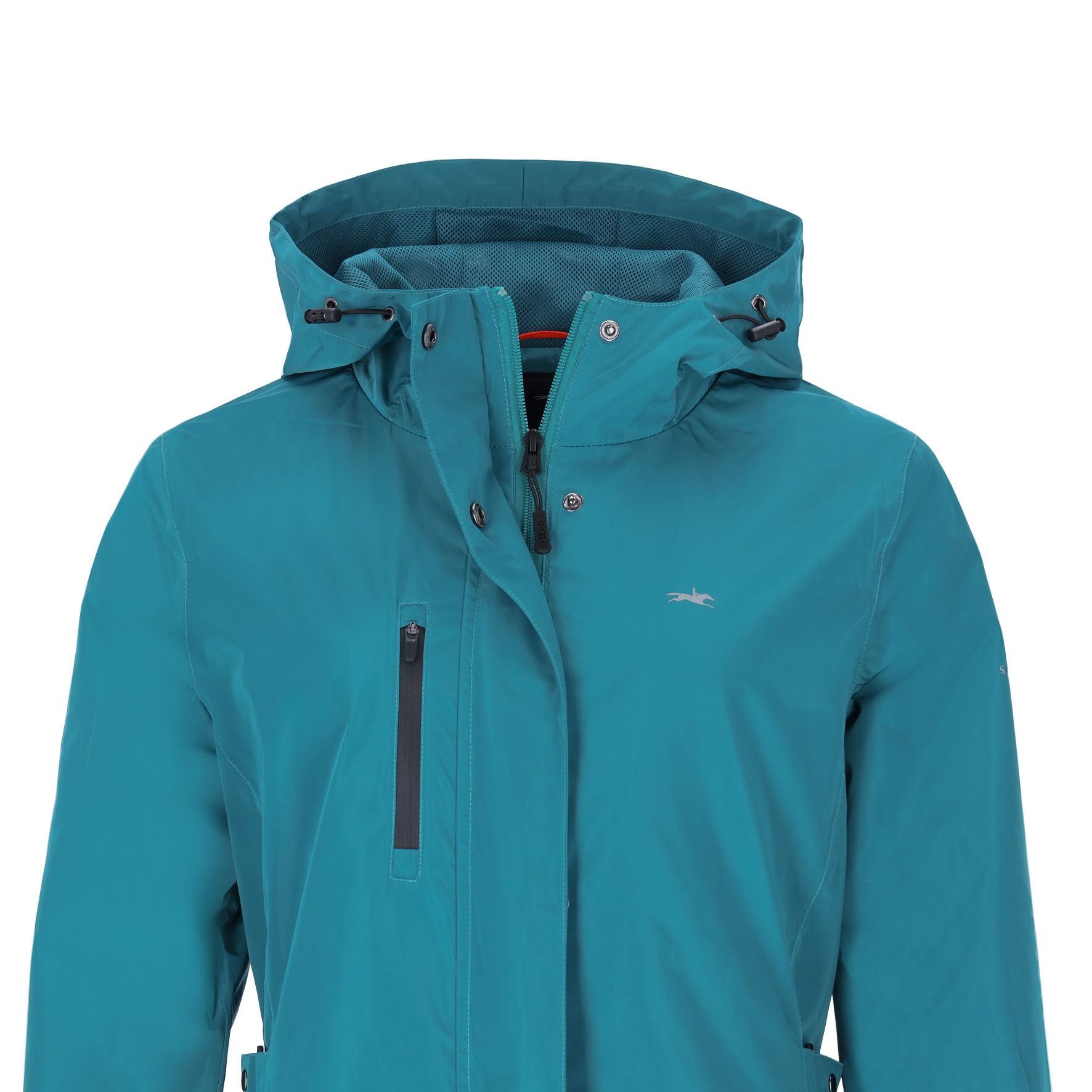 Close-up front view of the Colonial Blue Schockemohle Kaija Raincoat on a white background