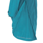 Close-up side view of the Colonial Blue Schockemohle Kaija Raincoat on a white background
