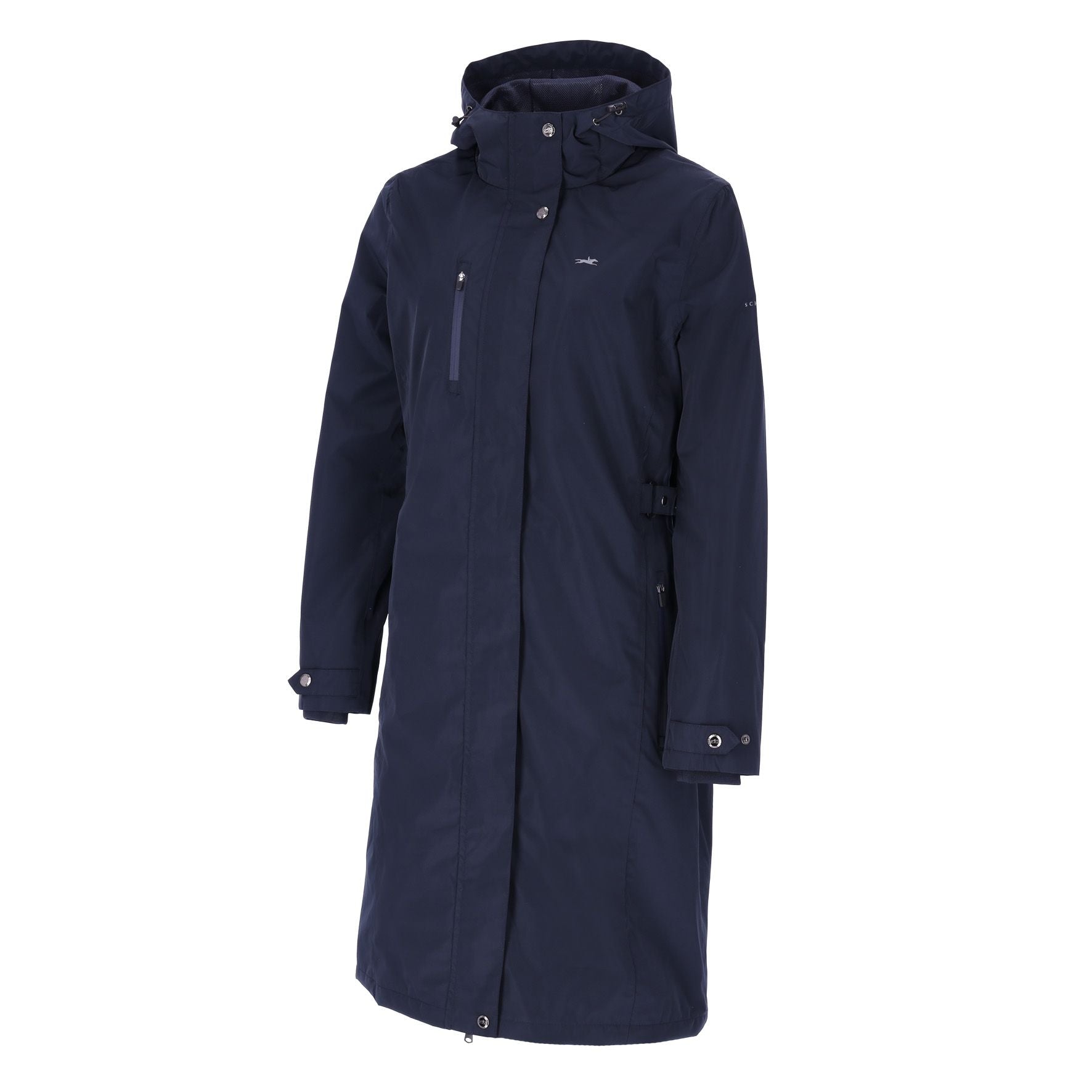 Front view of the Dark Navy Schockemohle Kaija Raincoat on a white background